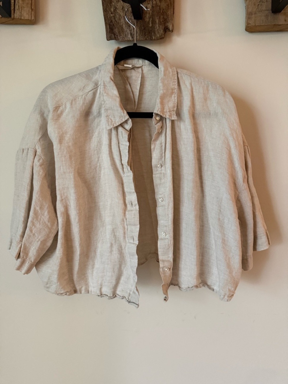 H&M Beige Linen Crop Button Up Shirt Short Sleeve Coastal Minimalist Top